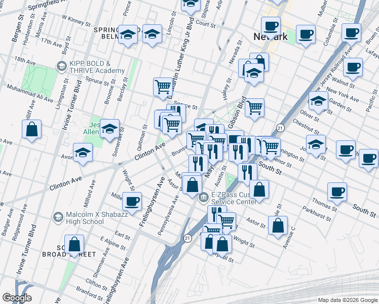map of restaurants, bars, coffee shops, grocery stores, and more near 69 Pennsylvania Avenue in Newark