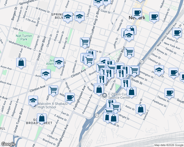 map of restaurants, bars, coffee shops, grocery stores, and more near 25a Sherman Avenue in Newark