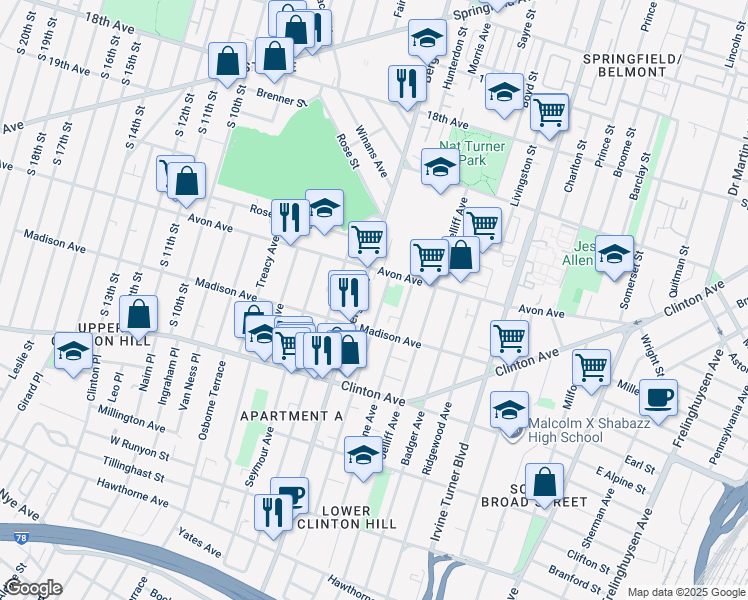 map of restaurants, bars, coffee shops, grocery stores, and more near 606 Bergen Street in Newark