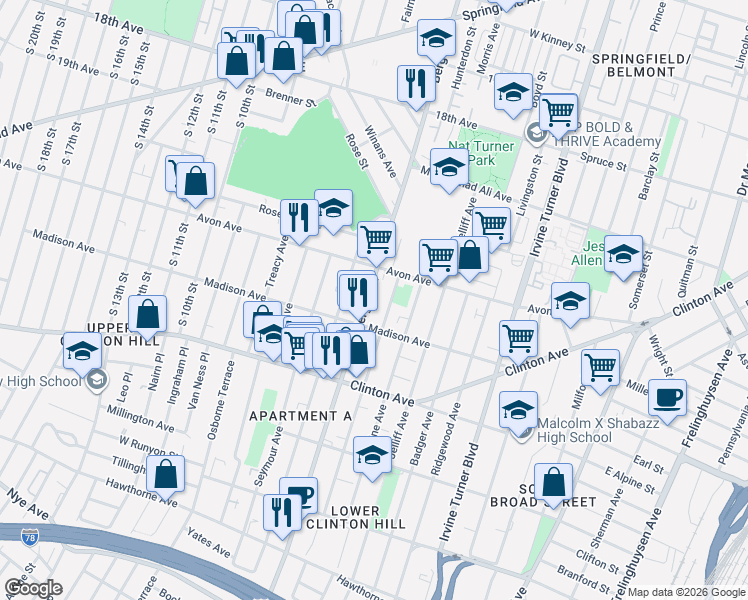 map of restaurants, bars, coffee shops, grocery stores, and more near 606 Bergen Street in Newark