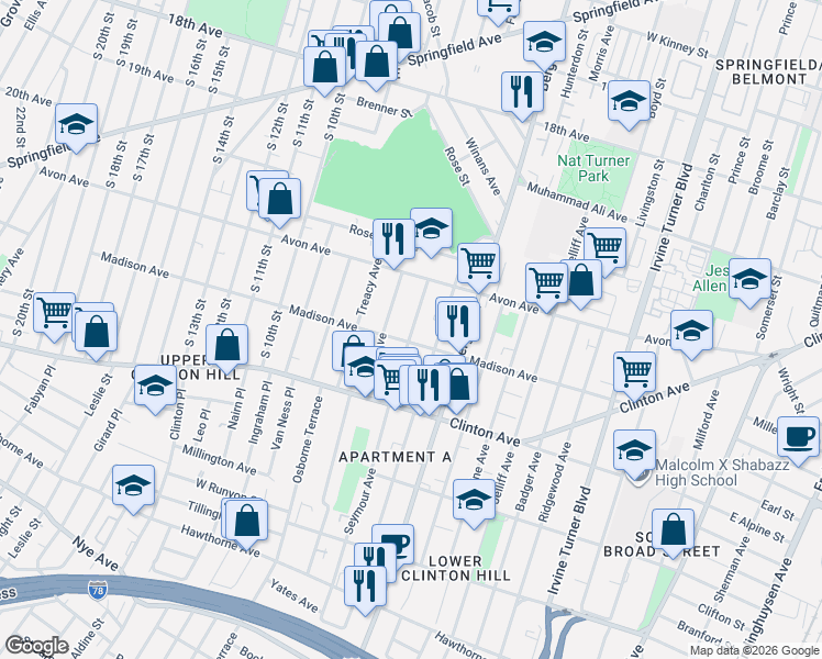 map of restaurants, bars, coffee shops, grocery stores, and more near 59 Seymour Avenue in Newark