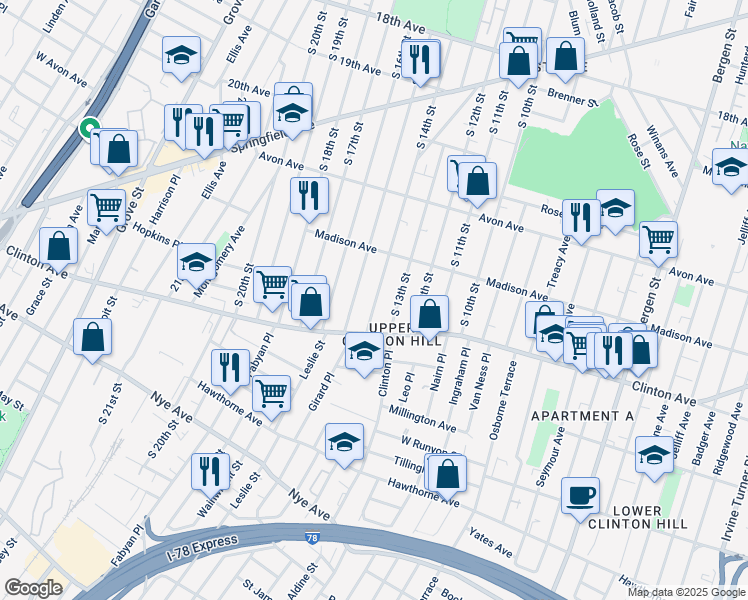 map of restaurants, bars, coffee shops, grocery stores, and more near 892 South 14th Street in Newark