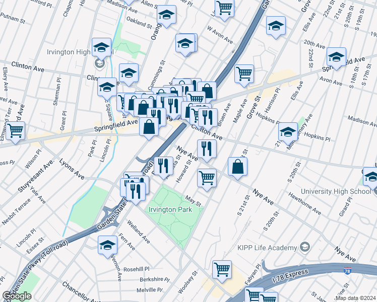 map of restaurants, bars, coffee shops, grocery stores, and more near 60 Augusta Street in Irvington