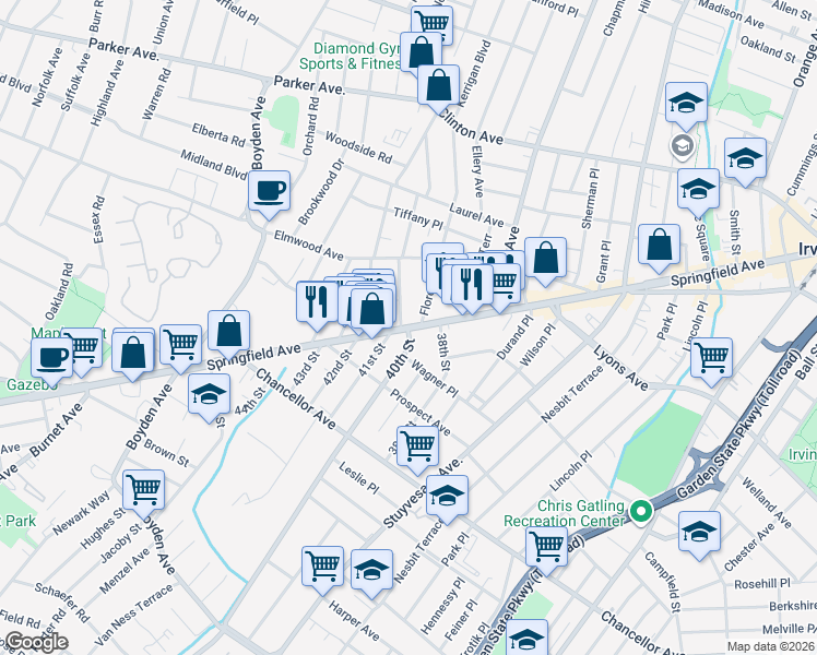 map of restaurants, bars, coffee shops, grocery stores, and more near 19 40th Street in Irvington
