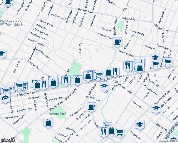map of restaurants, bars, coffee shops, grocery stores, and more near 30 Boyden Parkway in Maplewood