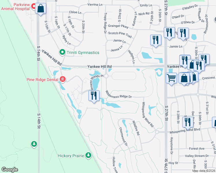 map of restaurants, bars, coffee shops, grocery stores, and more near 2041 Wilderness Ridge Drive in Lincoln