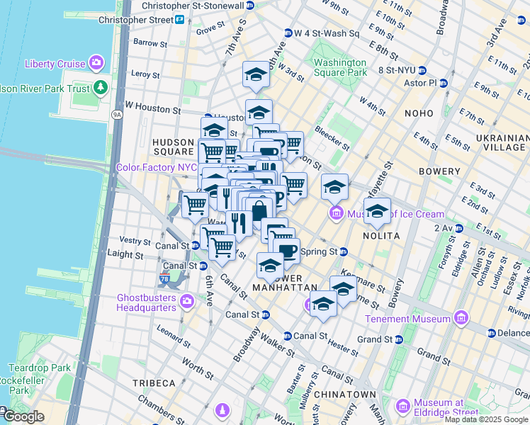 map of restaurants, bars, coffee shops, grocery stores, and more near 418 Broome Street in New York