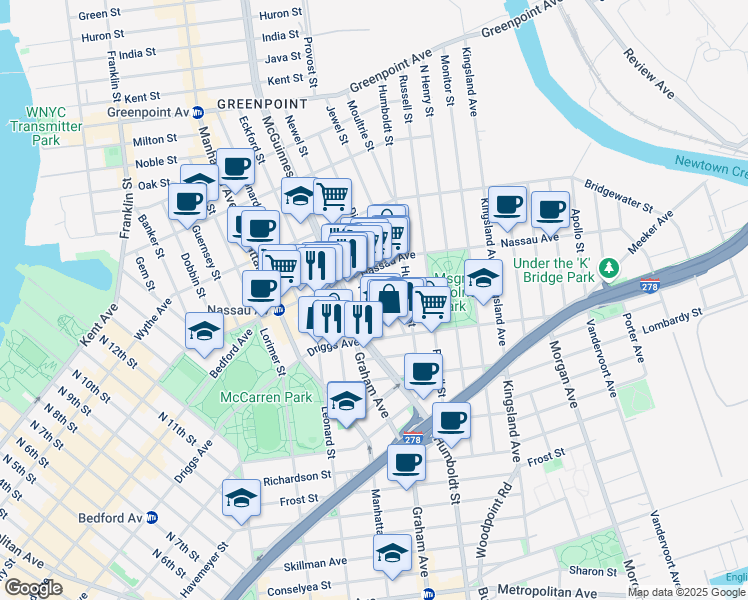 map of restaurants, bars, coffee shops, grocery stores, and more near 21 Newel Street in Brooklyn