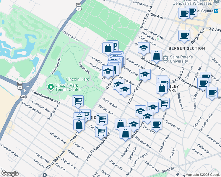 map of restaurants, bars, coffee shops, grocery stores, and more near 117 Kensington Avenue in Jersey City