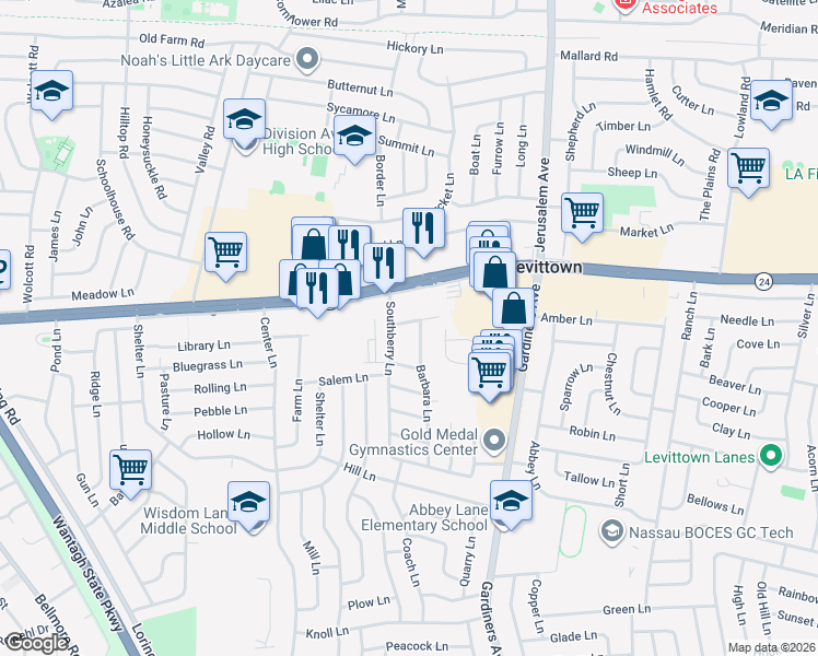 map of restaurants, bars, coffee shops, grocery stores, and more near 3144 Brixton Lane in Levittown