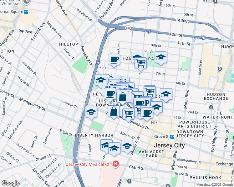 map of restaurants, bars, coffee shops, grocery stores, and more near 394 2nd Street in Jersey City