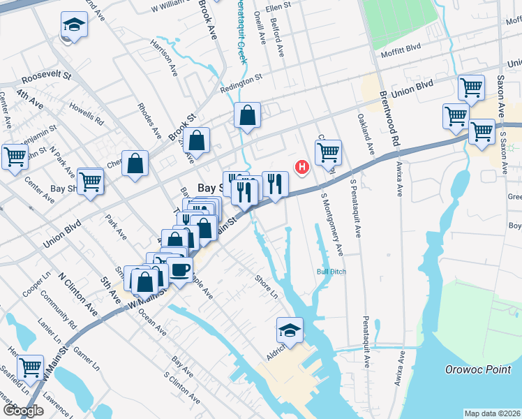 map of restaurants, bars, coffee shops, grocery stores, and more near 8 Homan Avenue in Bay Shore