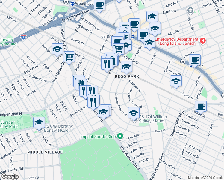 map of restaurants, bars, coffee shops, grocery stores, and more near 63-06 Dieterle Crescent in Queens