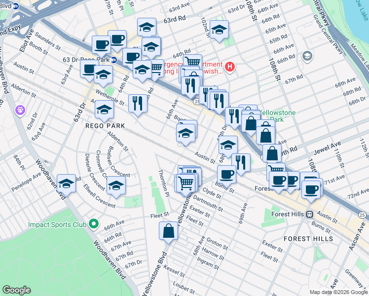 map of restaurants, bars, coffee shops, grocery stores, and more near 98-50 67th Avenue in Queens