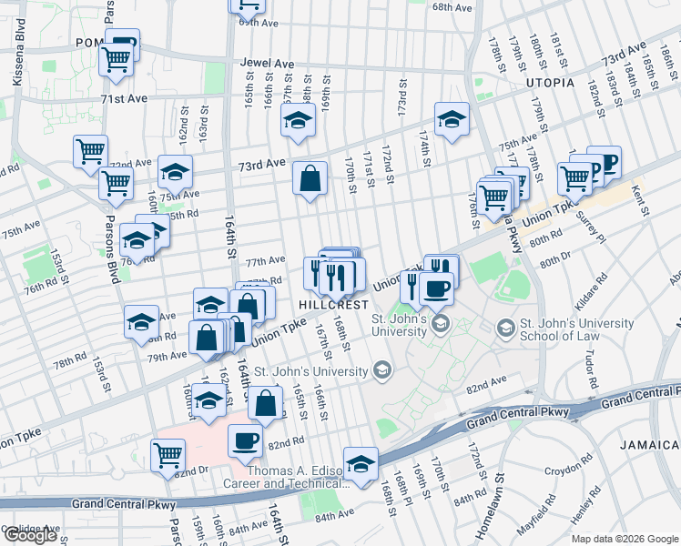 map of restaurants, bars, coffee shops, grocery stores, and more near 168-04 Union Turnpike in Queens