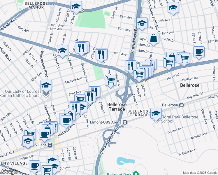 map of restaurants, bars, coffee shops, grocery stores, and more near 239-08 93rd Road in Queens