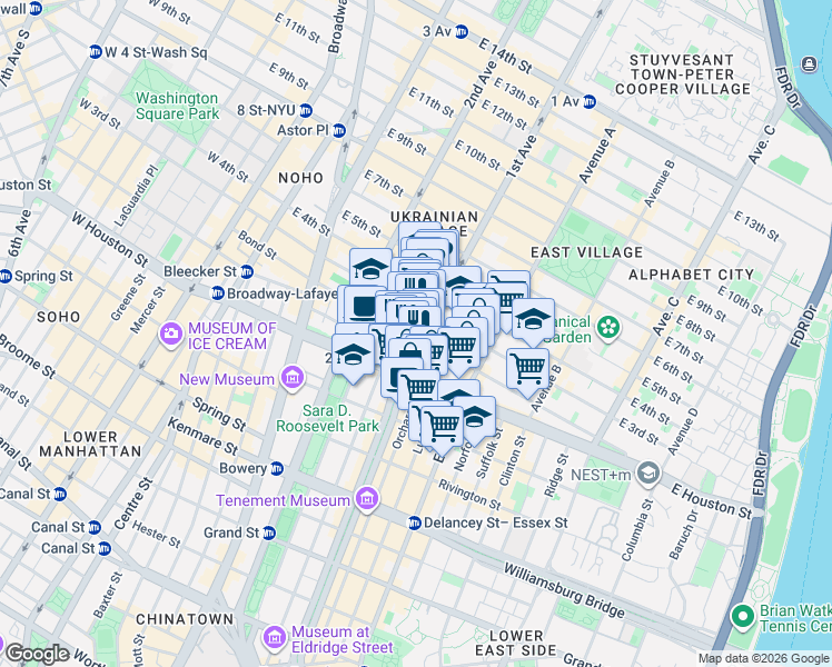 map of restaurants, bars, coffee shops, grocery stores, and more near 33 1st Avenue in New York