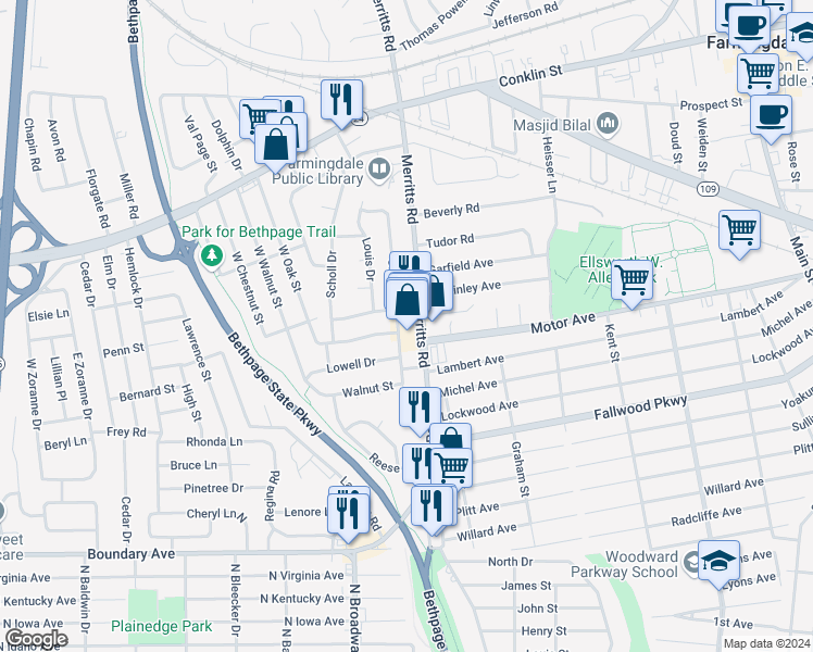 map of restaurants, bars, coffee shops, grocery stores, and more near 184b Merritts Road in South Farmingdale