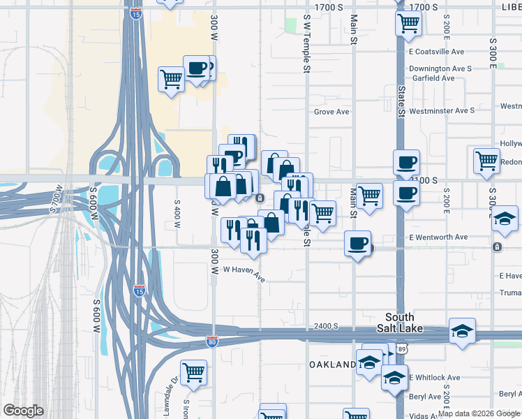 map of restaurants, bars, coffee shops, grocery stores, and more near 203 West Utopia Avenue in South Salt Lake