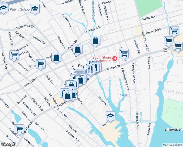 map of restaurants, bars, coffee shops, grocery stores, and more near 6 1st Avenue in Bay Shore