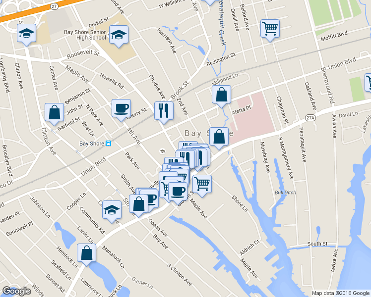 map of restaurants, bars, coffee shops, grocery stores, and more near 26 Bay Shore Avenue in Bay Shore