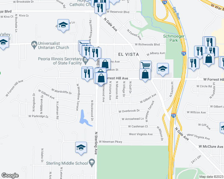 map of restaurants, bars, coffee shops, grocery stores, and more near 3002 North Victoria Avenue in Peoria