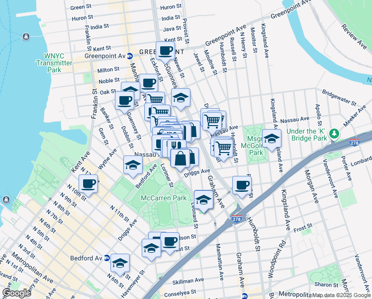 map of restaurants, bars, coffee shops, grocery stores, and more near 541 Leonard Street in Brooklyn