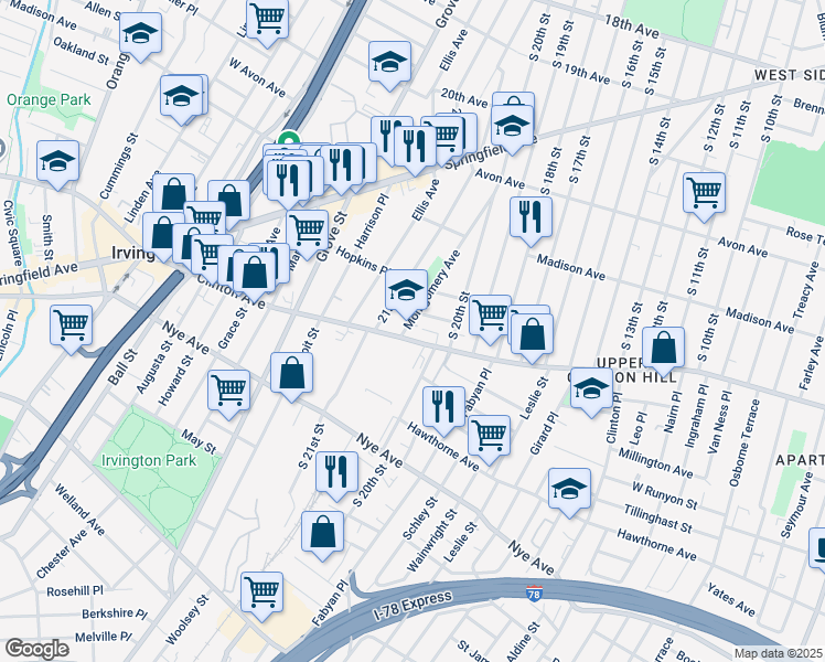 map of restaurants, bars, coffee shops, grocery stores, and more near 900 Clinton Avenue in Irvington