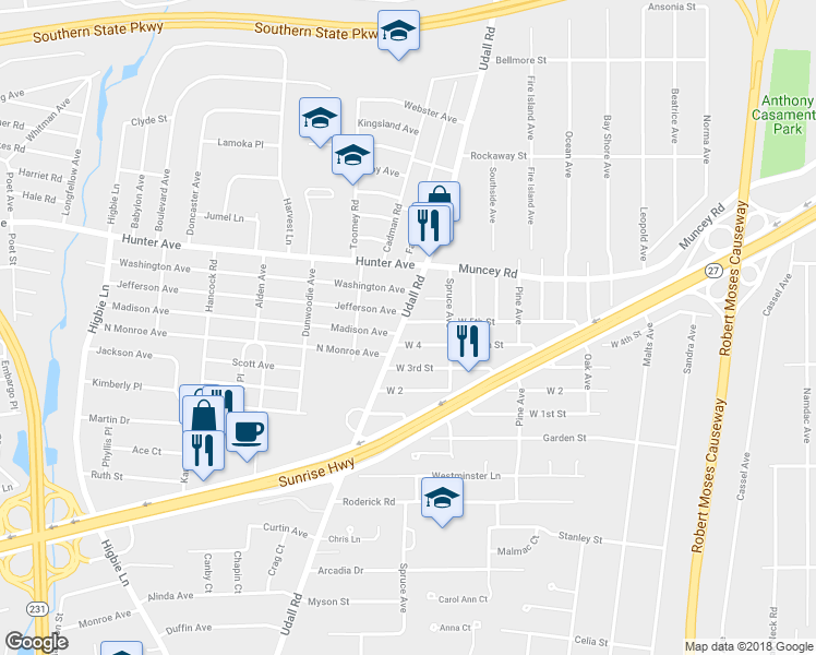 map of restaurants, bars, coffee shops, grocery stores, and more near 118 West 5th Street in West Islip
