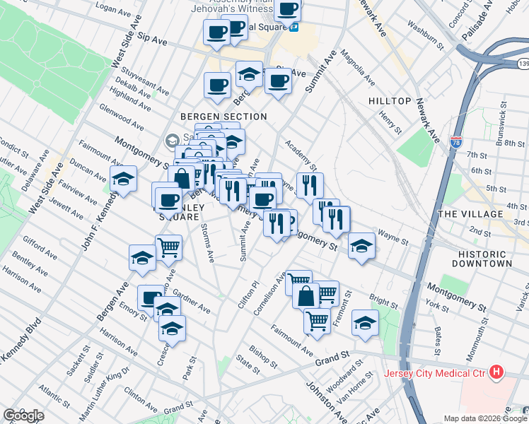 map of restaurants, bars, coffee shops, grocery stores, and more near 50 Baldwin Avenue in Jersey City