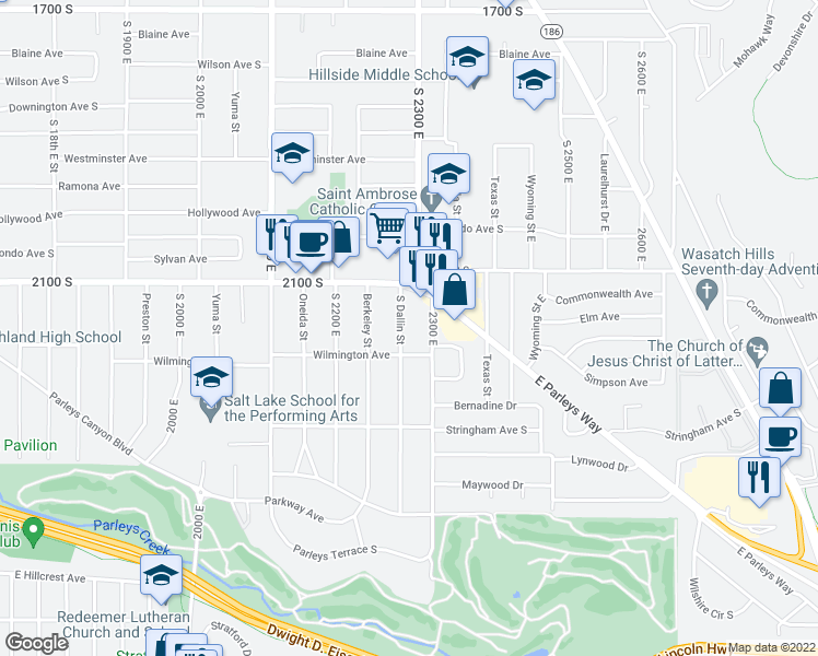 map of restaurants, bars, coffee shops, grocery stores, and more near 2157 South Dallin Street in Salt Lake City