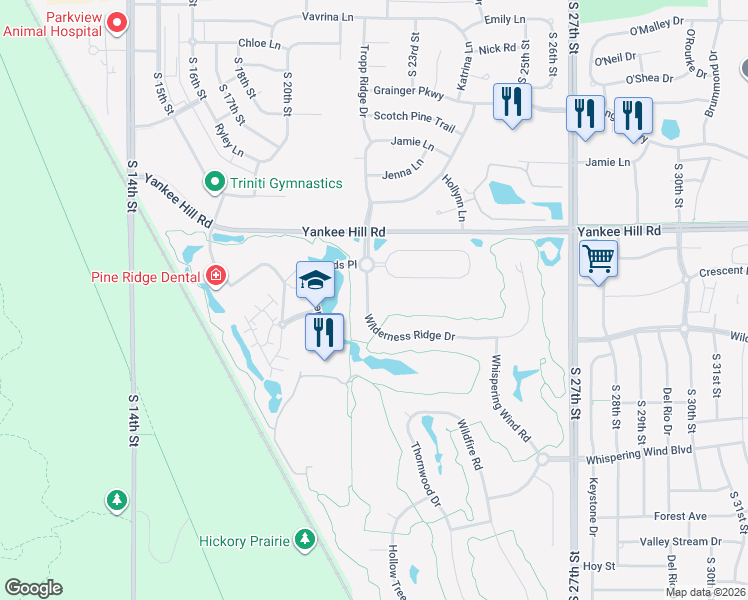 map of restaurants, bars, coffee shops, grocery stores, and more near 2041 Wilderness Ridge Drive in Lincoln
