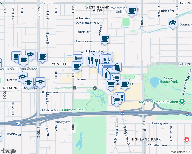 map of restaurants, bars, coffee shops, grocery stores, and more near 2150 South McClelland Street in Salt Lake City