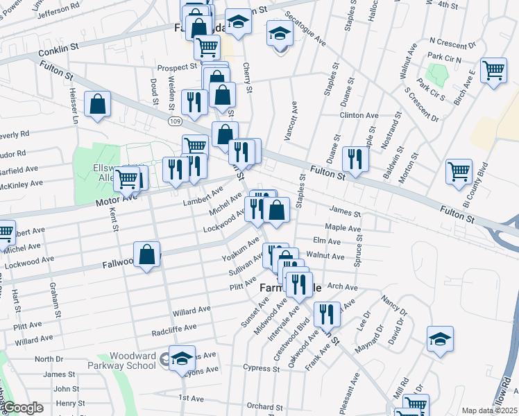 map of restaurants, bars, coffee shops, grocery stores, and more near 671 Main Street in Farmingdale
