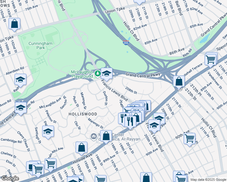 map of restaurants, bars, coffee shops, grocery stores, and more near Francis Lewis Boulevard in Queens