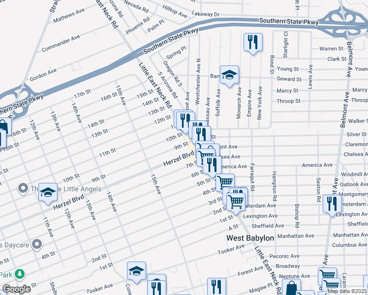 map of restaurants, bars, coffee shops, grocery stores, and more near 1558 Herzel Boulevard in West Babylon