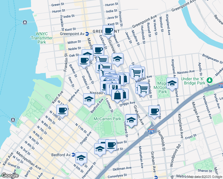 map of restaurants, bars, coffee shops, grocery stores, and more near 541 Leonard Street in Brooklyn