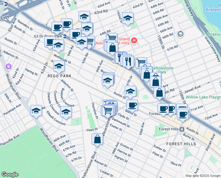 map of restaurants, bars, coffee shops, grocery stores, and more near 67-11 Austin Street in Queens