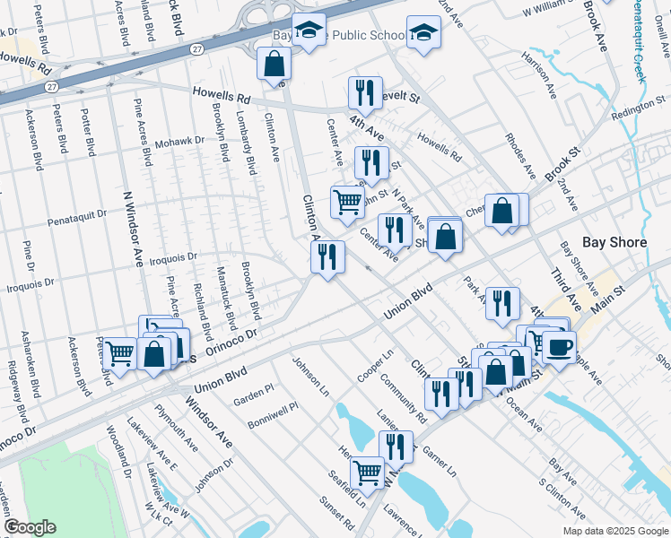 map of restaurants, bars, coffee shops, grocery stores, and more near 90 North Clinton Avenue in Bay Shore