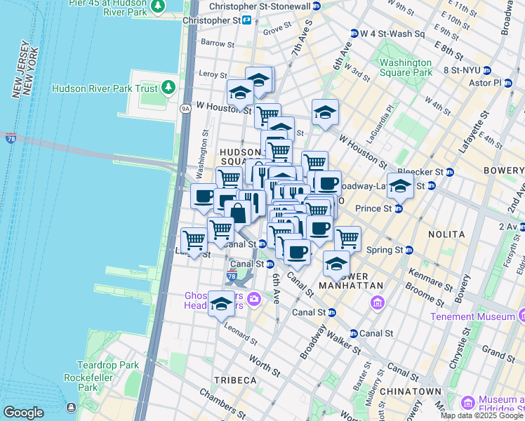 map of restaurants, bars, coffee shops, grocery stores, and more near 100 Varick Street in New York