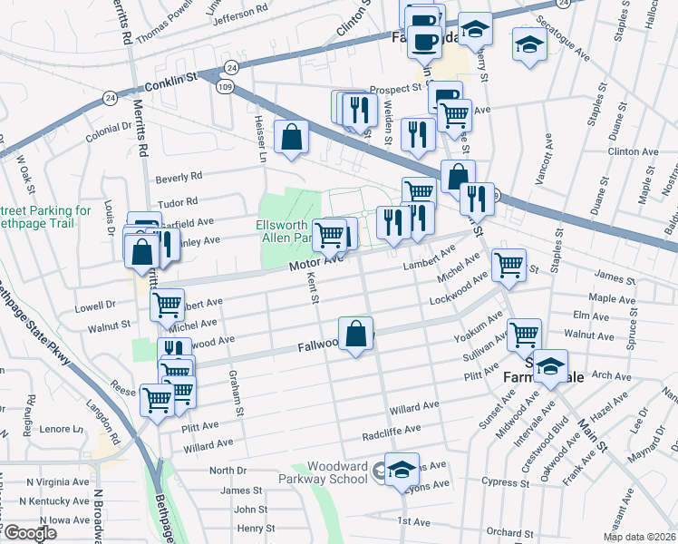 map of restaurants, bars, coffee shops, grocery stores, and more near 59 Lambert Avenue in Farmingdale