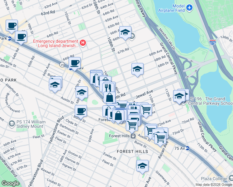 map of restaurants, bars, coffee shops, grocery stores, and more near in Queens