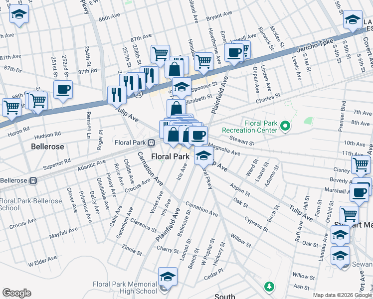 map of restaurants, bars, coffee shops, grocery stores, and more near 150 Tulip Avenue in Floral Park