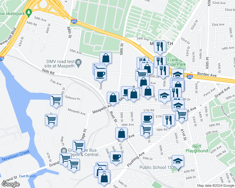map of restaurants, bars, coffee shops, grocery stores, and more near 56-73 58th Street in Queens