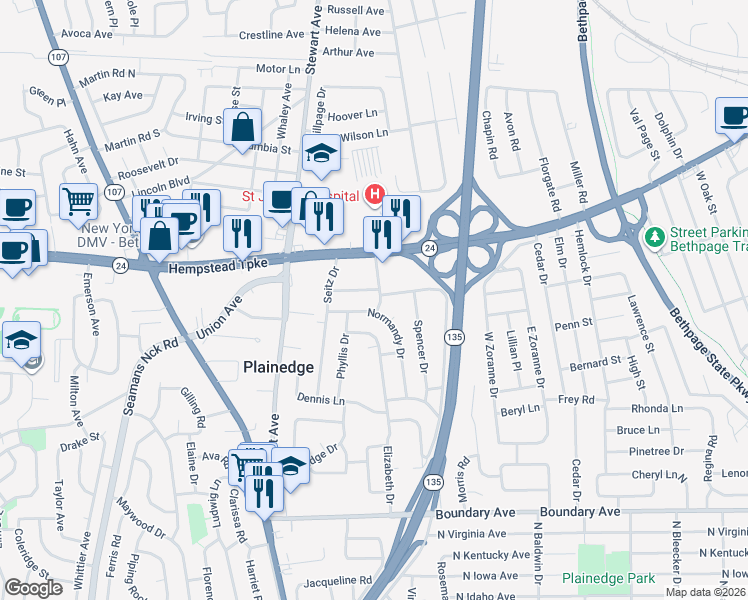 map of restaurants, bars, coffee shops, grocery stores, and more near 19 Normandy Drive in Bethpage