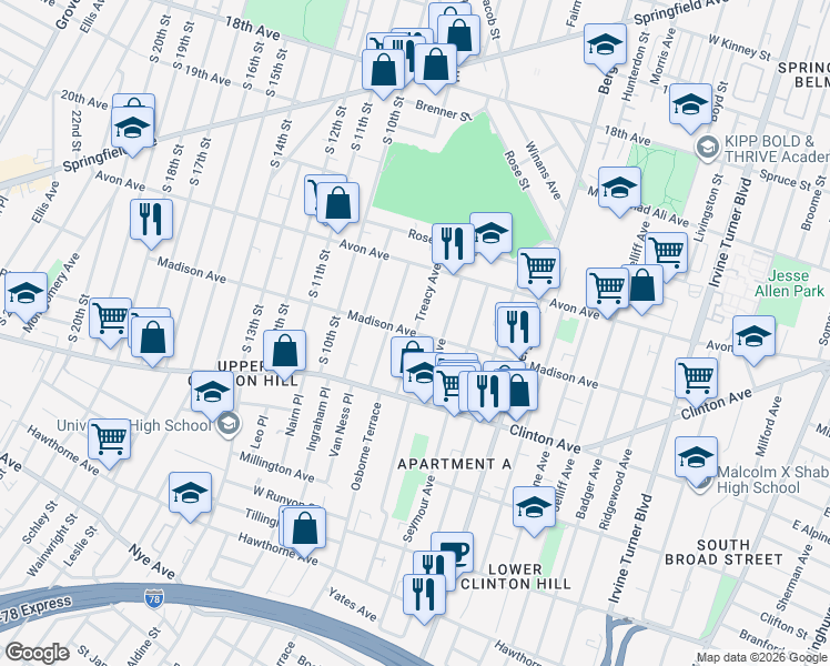 map of restaurants, bars, coffee shops, grocery stores, and more near Madison Avenue & Treacy Avenue in Newark
