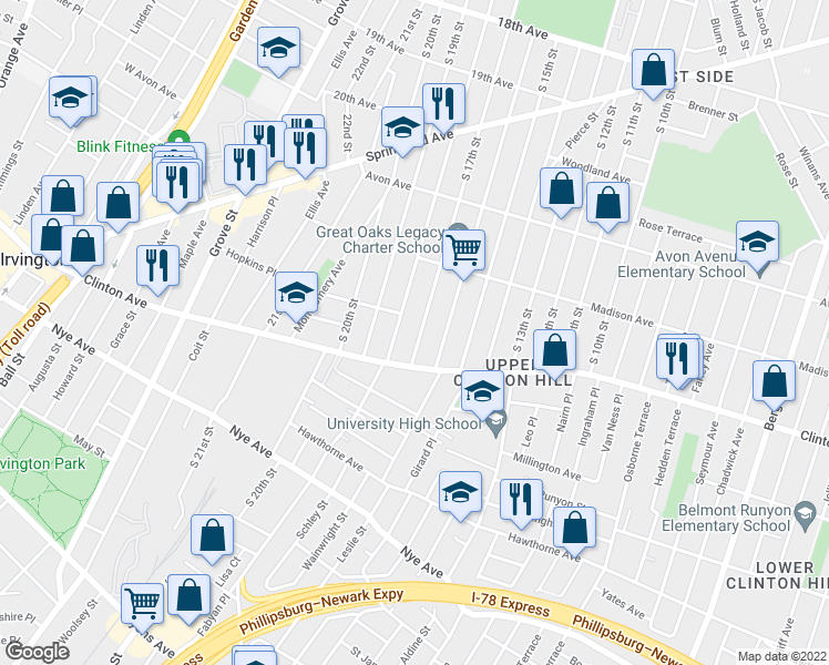 map of restaurants, bars, coffee shops, grocery stores, and more near 917 South 17th Street in Newark
