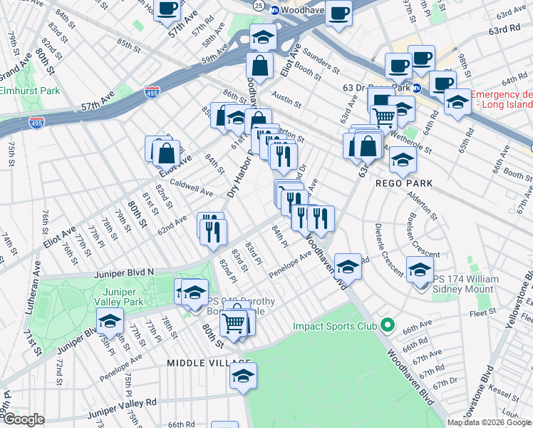 map of restaurants, bars, coffee shops, grocery stores, and more near 84-18 63rd Avenue in Queens