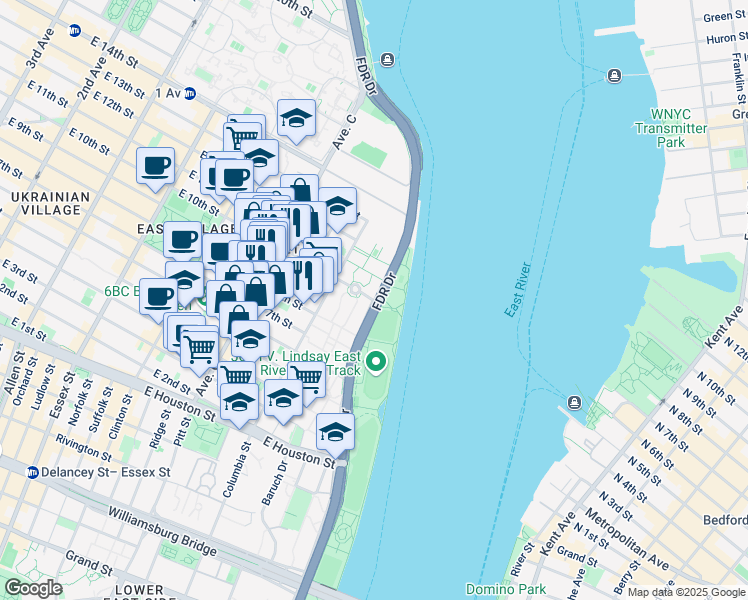 map of restaurants, bars, coffee shops, grocery stores, and more near FDR Drive & E 10th St in New York