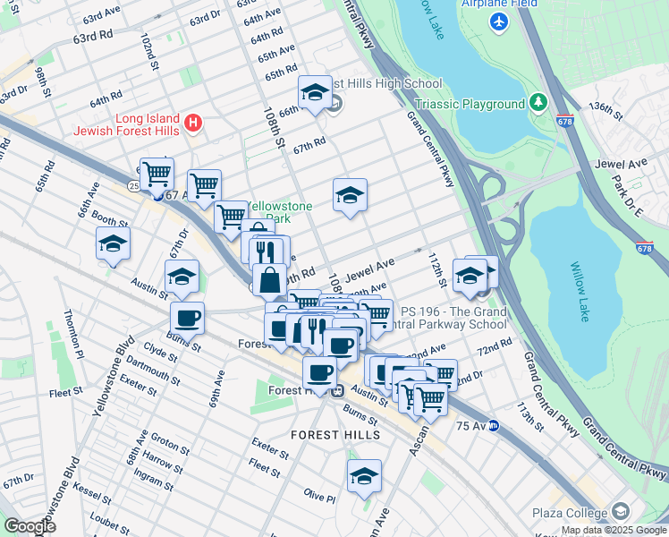 map of restaurants, bars, coffee shops, grocery stores, and more near 69-45 108th Street in Queens